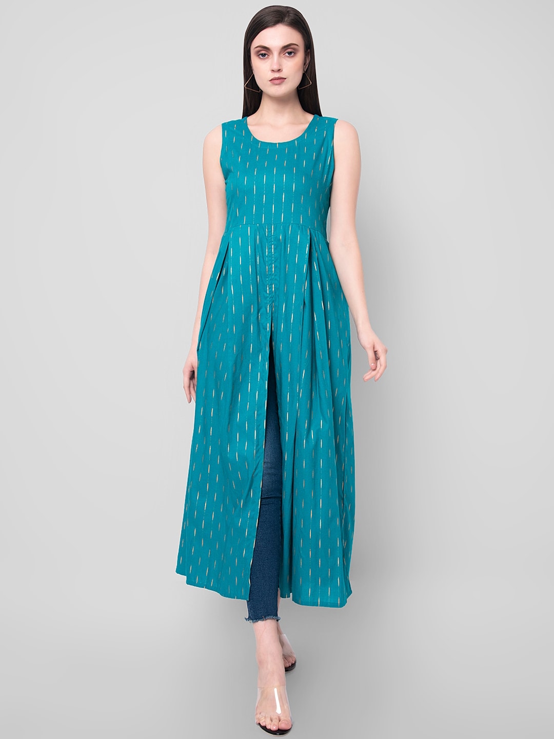 Kalini Women Turquoise Blue Ethnic Motifs High-Slit Kurta - Swadesiicart
