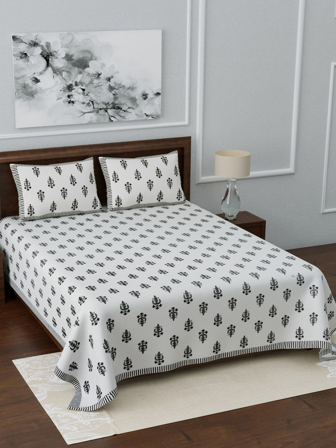 LIVING ROOTS White & Grey Ethnic Motifs 210 TC King Bedsheet with 2 Pillow Covers - Swadesiicart