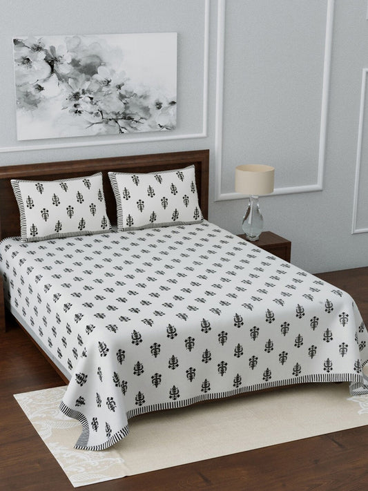 LIVING ROOTS White & Grey Ethnic Motifs 210 TC King Bedsheet with 2 Pillow Covers - Swadesiicart