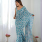 Blue Chinon Designer Digital Printed & Mirror Cut Work Saree - Kriti