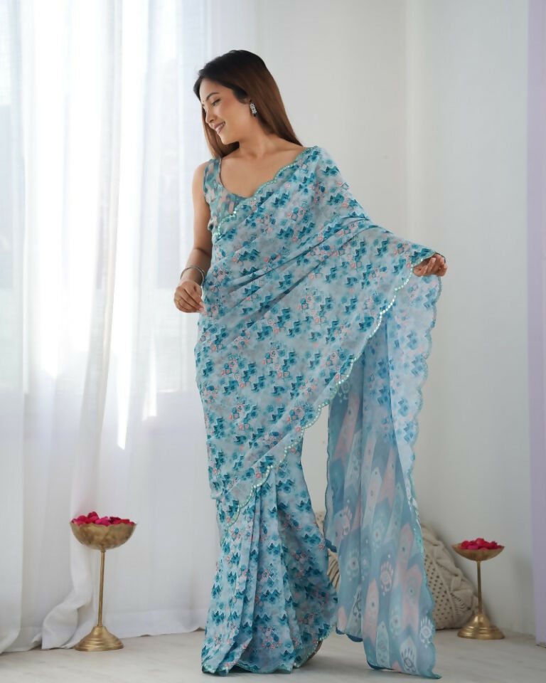 Blue Chinon Designer Digital Printed & Mirror Cut Work Saree - Kriti