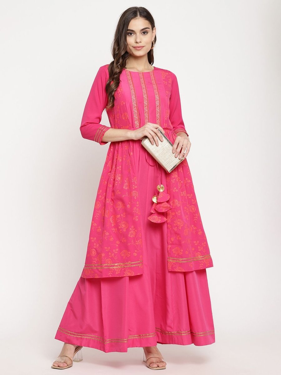 Ahalyaa Dark Pink Crepe Khari Print Dress For Women | Swadesiicart