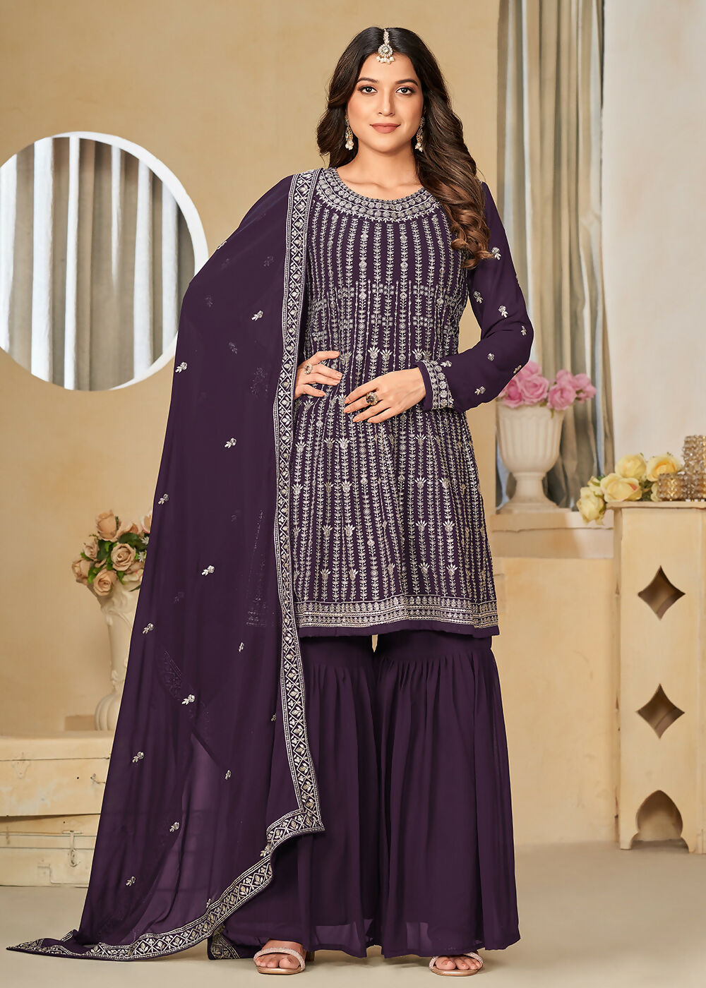 Faux Georgette Purple Embroidered Gharara Style Suit - Emponline | Swadesiicart