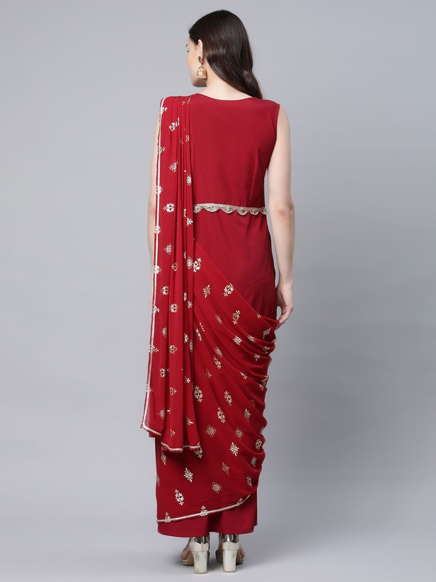 Ahalyaa Women Maroon Crepe Georgette Printed Saree Dress With Printed Pallu | Swadesiicart