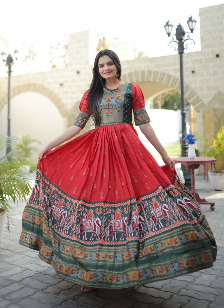 Jyoti Fashion Women's Red Patola with Foil Print Dola Silk Anarkali Dress | Swadesiicart
