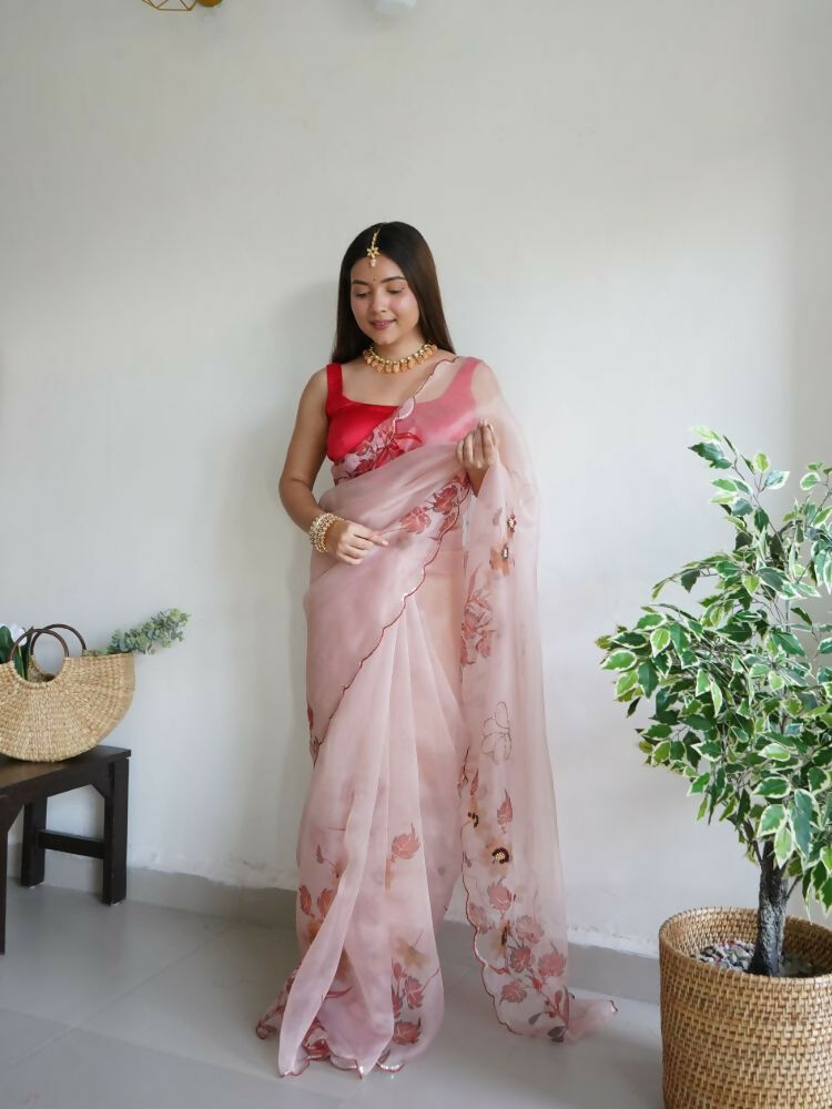 Vamsee Mudra Peach Organza Saree - Swadesiicart