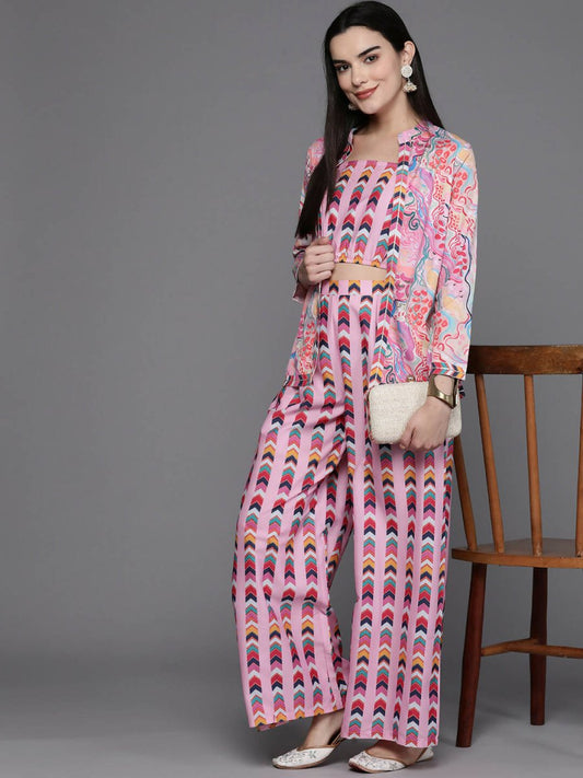 Ahalyaa Women Printed Crop Top with Palazzos & Jacket - Multi Color - Swadesiicart