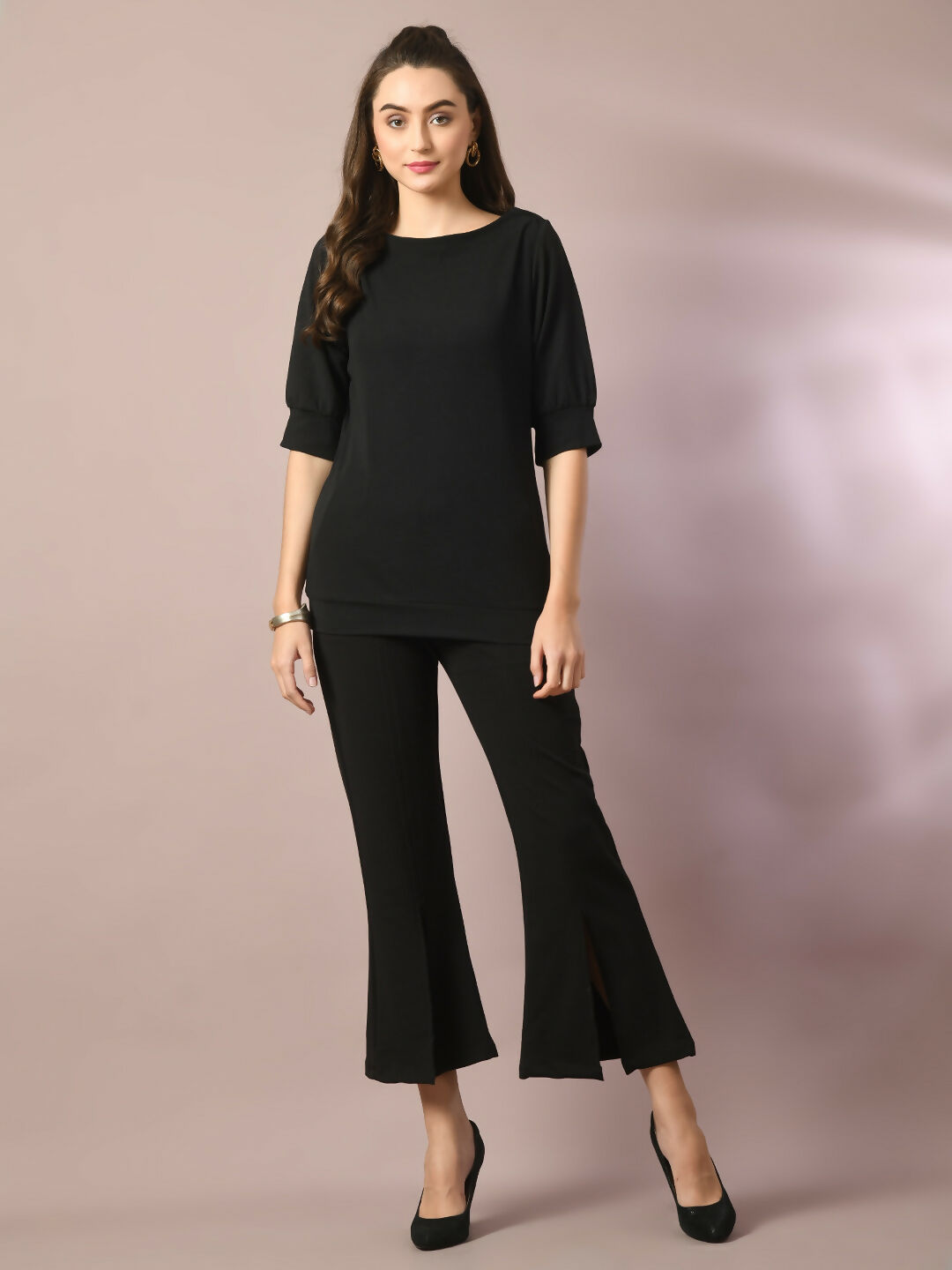 Myshka Women's Black Solid Boat Neck Party Top With Trousers Co-ord set - Swadesiicart