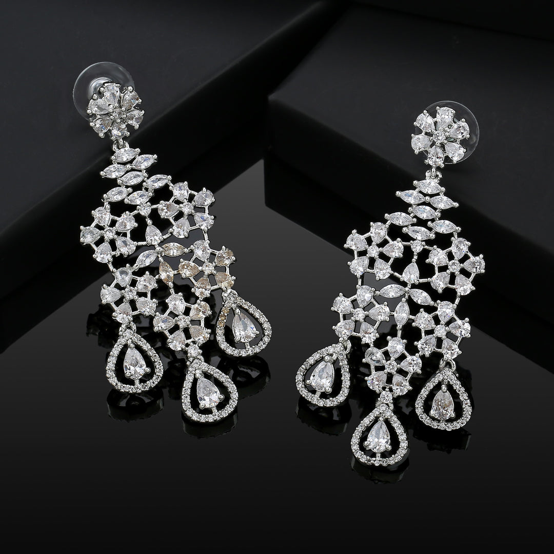 Estele Rhodium Plated CZ Snow Flakes Chandelier Long Dangler Earrings for Women - Swadesiicart