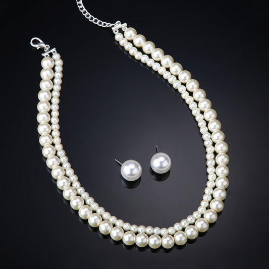 Estele Rhodium Plated Stunning Double Layered White Pearl Necklace Set for Women - Swadesiicart