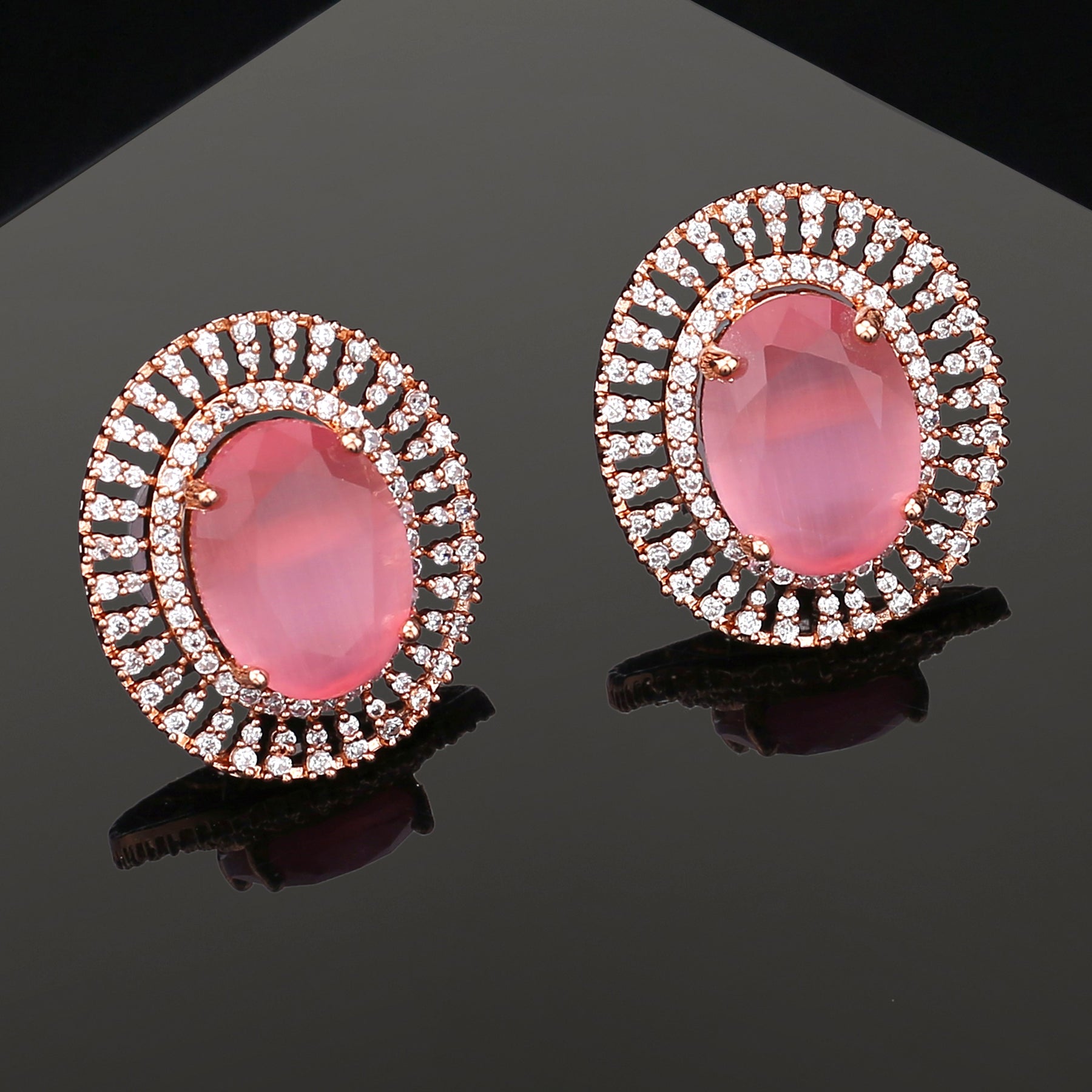 Estele Rose Gold-Polished CZ Circular Designer Stud Earrings with Mint Pink Stones for Women - Swadesiicart