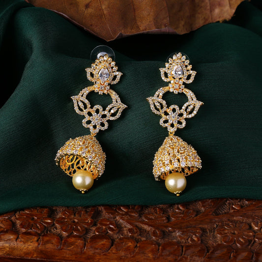 Estele Gold-Polished CZ Fascinating Jhumka Earrings with White American Diamonds for Women - Swadesiicart