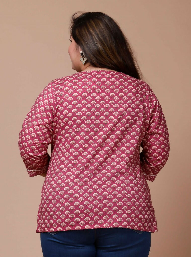 Miravan Women's Plus Size Pink Floral Printed Cotton Kurti - Swadesiicart