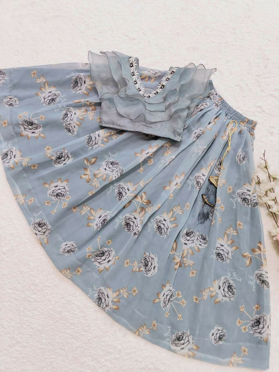 Jyoti Fashion Charming Grey Faux Georgette Digital Printed with Fancy Latkan Work Kids Lehenga Choli Set | Swadesiicart