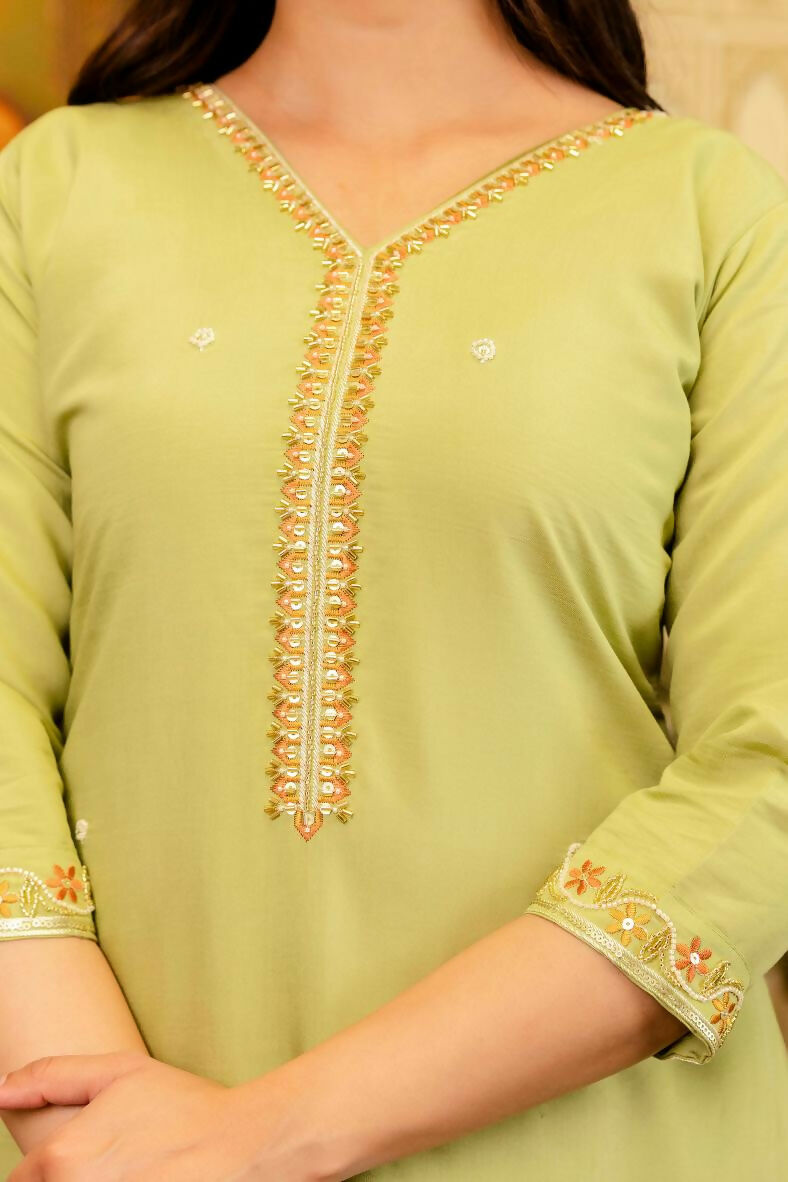 The52 Lemons Women's Beautiful Viscose Shimmer Fabric Embroidered Work Straight Kurta Pant and Dupatta Set - Swadesiicart
