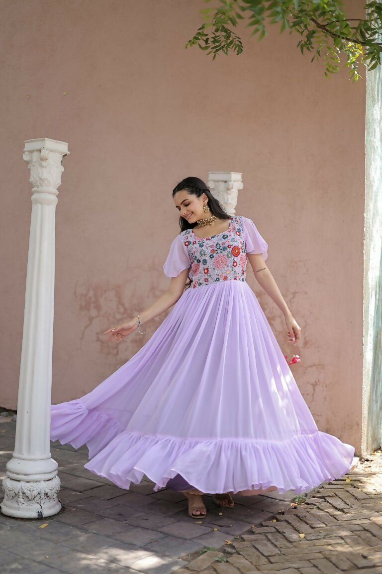 Jyoti Fashion Women's Purple Sequins Thread Embroidery Faux Georgette Anarkali Dress | Swadesiicart