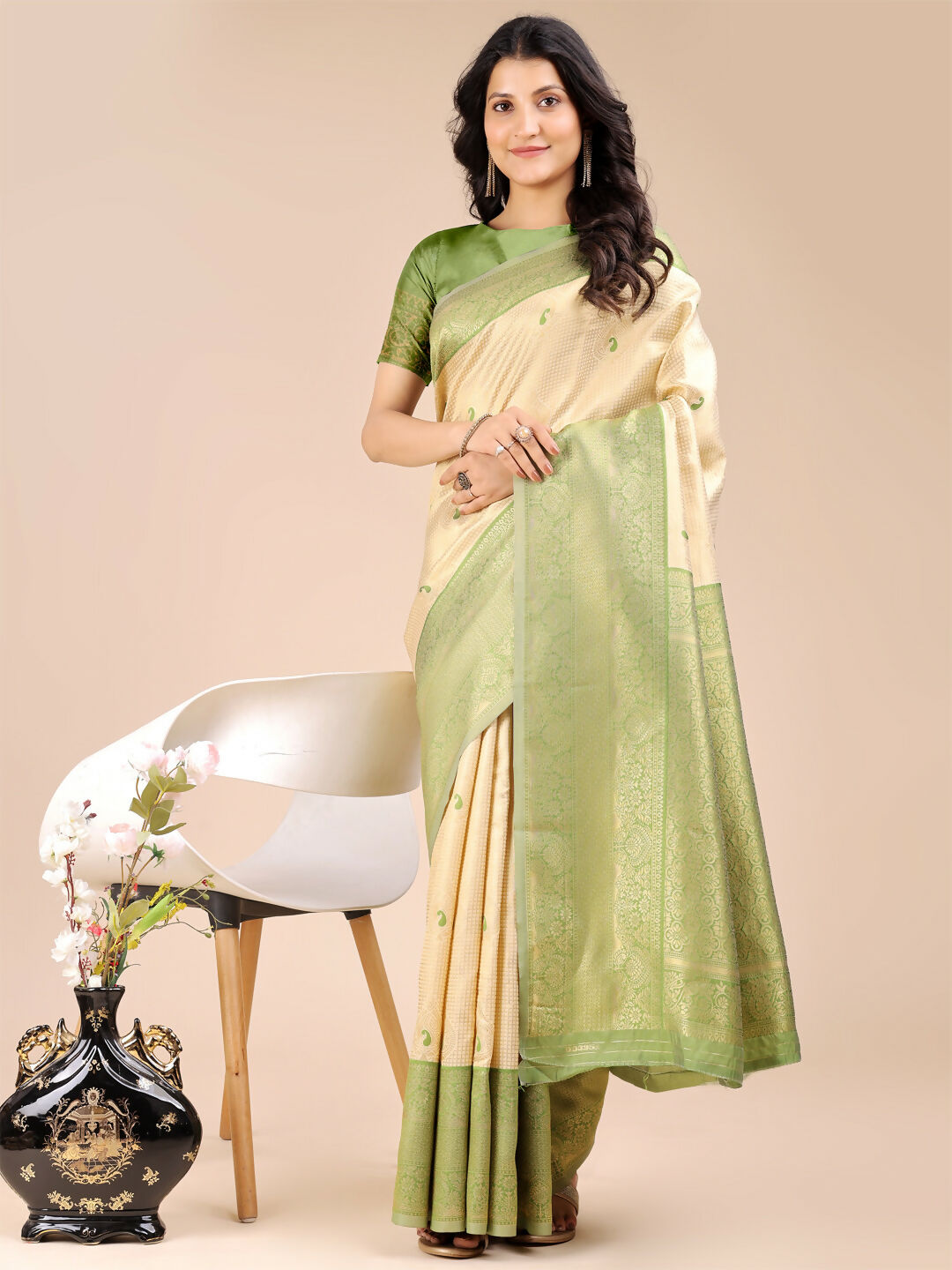 Astita Aura Silk Cream Light Green Banarasi Silk Saree | Swadesiicart