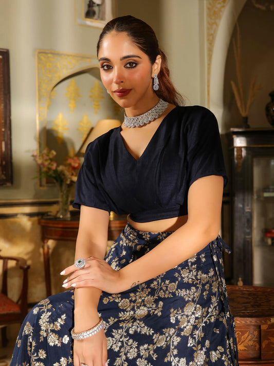 Janasya Navy Blue Silk Blend Solid Lehenga Choli | Swadesiicart