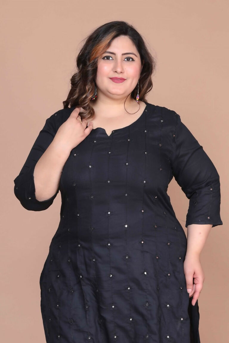 Miravan Women's Plus Size Black Mirror Work Embroidered Pakistani Straight Kurti - Swadesiicart
