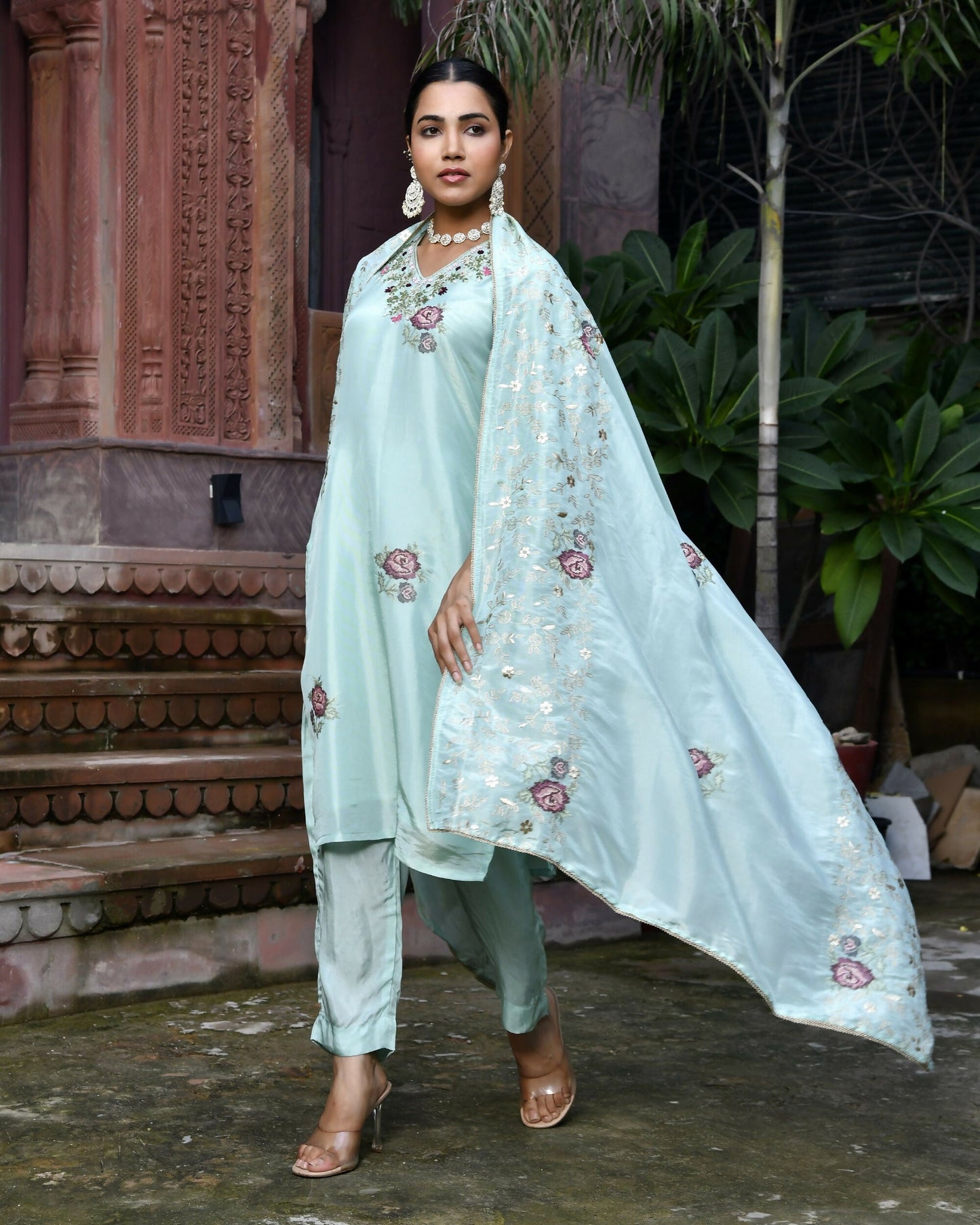 Vaasva Women's Tissue Silk Emboidered Suit Set With Solid Pant & Solid Embroidered Dupatta | Swadesiicart