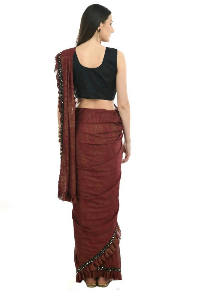 Mominos Fashion All Season Wear Rust And Black Ruffled Ready To Wear Saree | Swadesiicart