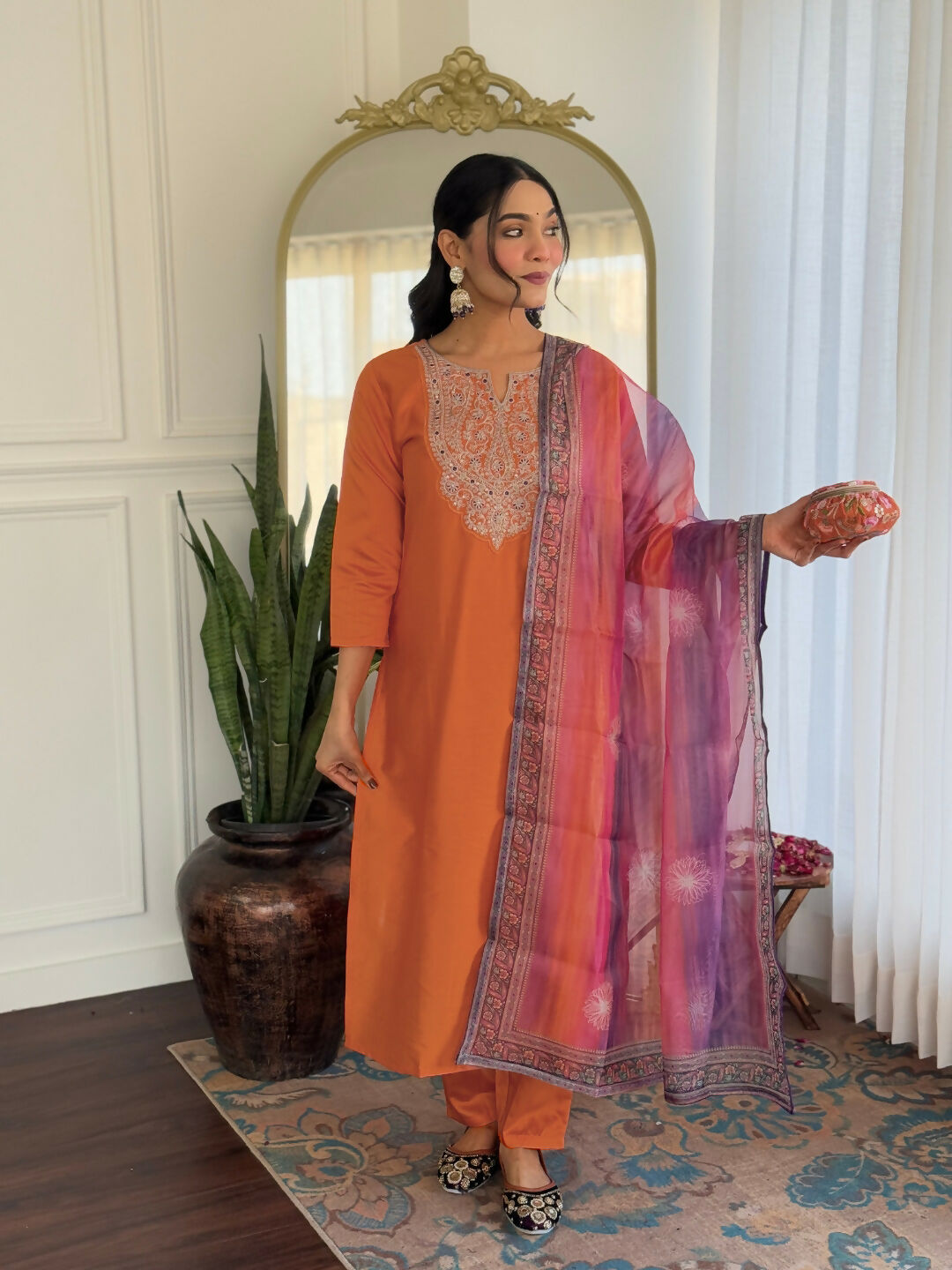 The52 Orange Women's Gorgeous Embroidered Rayon Fabric with Straight Kurta, Pant and Dupatta Set - Swadesiicart