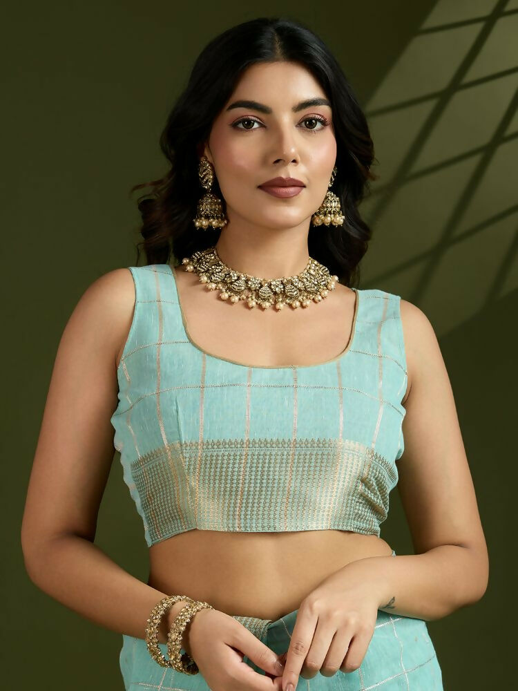 Vishnu Weaves Women's Sea-Green Soft Silk Zari Woven Saree with Blouse - Swadesiicart