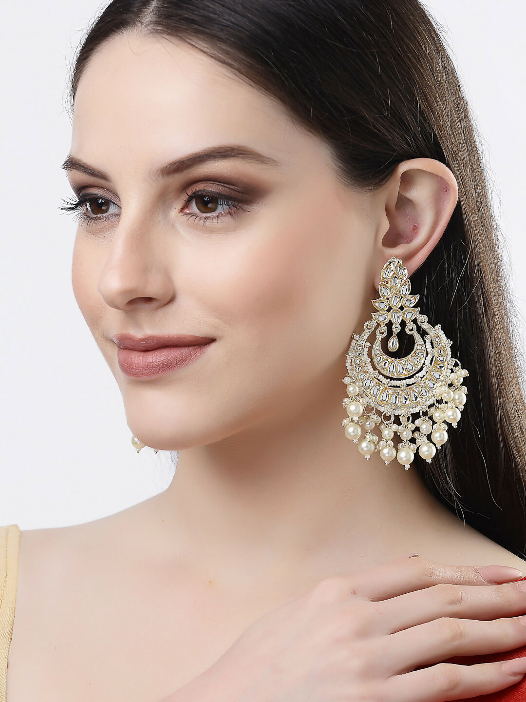NVR Women Gold-Polished Kundan Chandbali Earrings | Swadesiicart