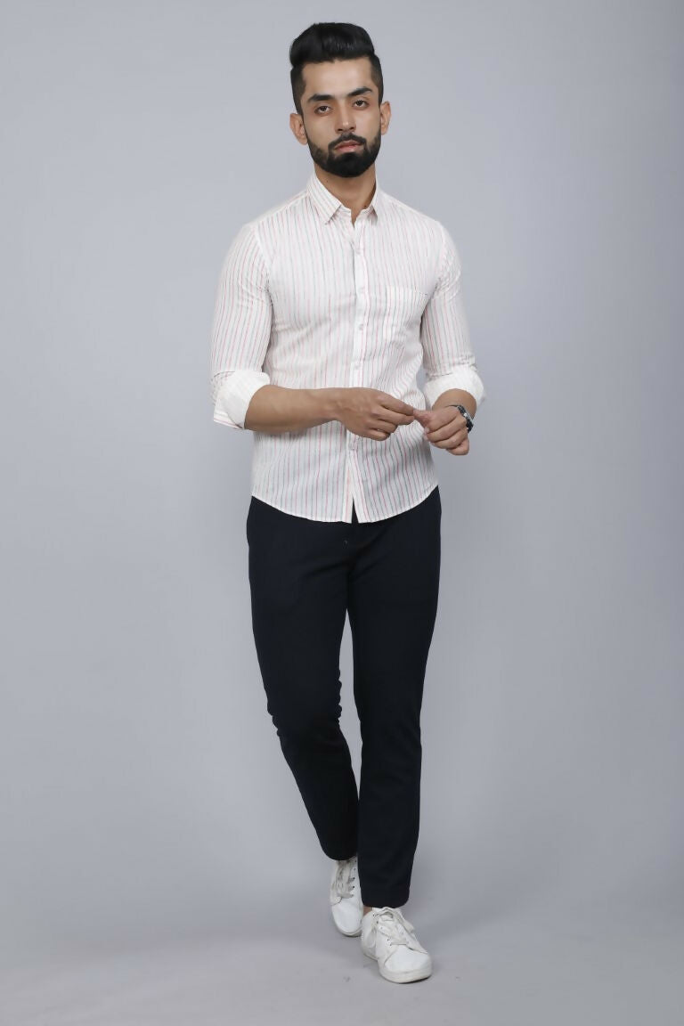 Miravan Men's White Spread Collar Striped Print Casual Shirt | Swadesiicart