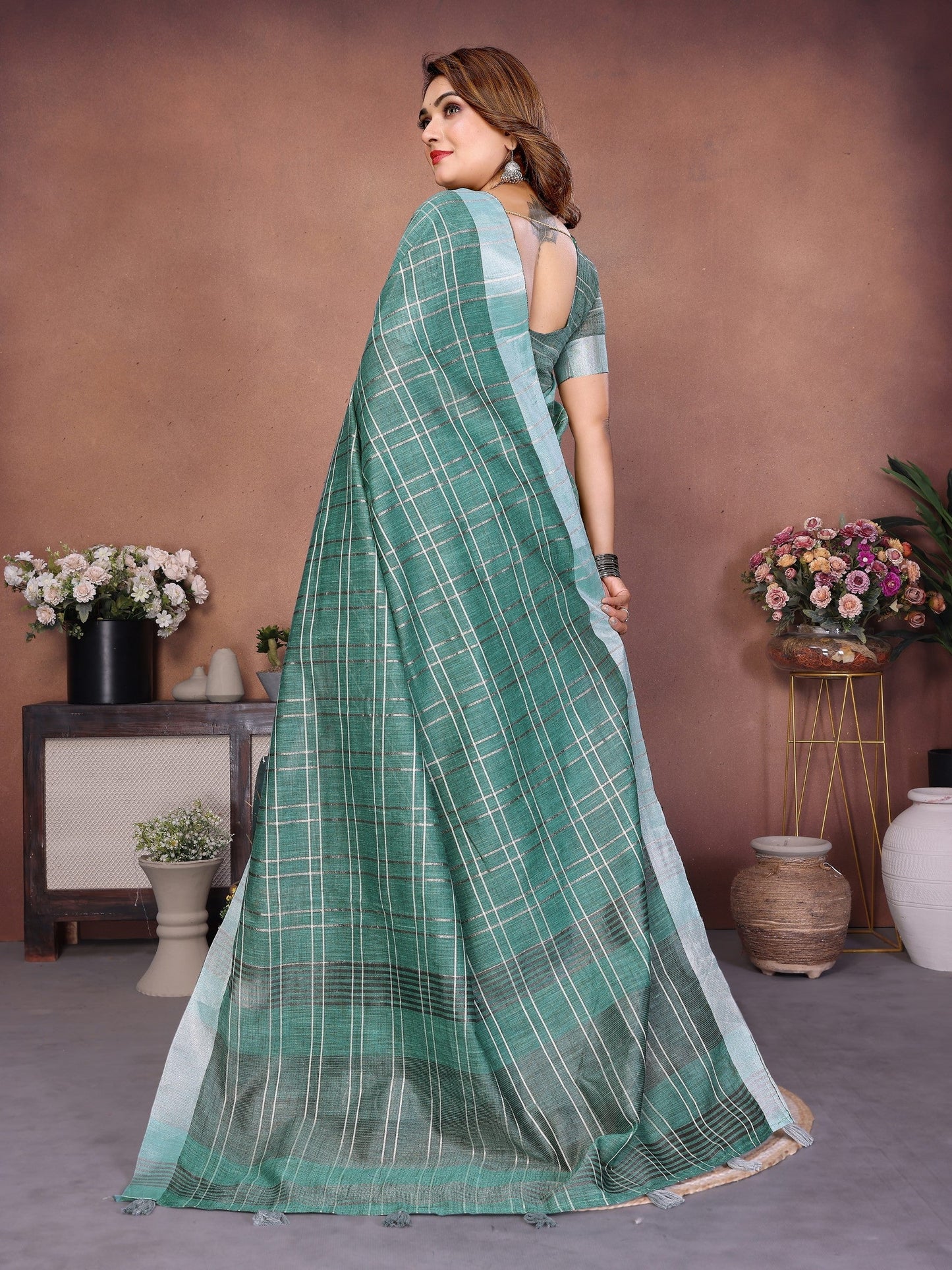 Anaita Teal Green Weaving Linen Cotton Saree With Blouse