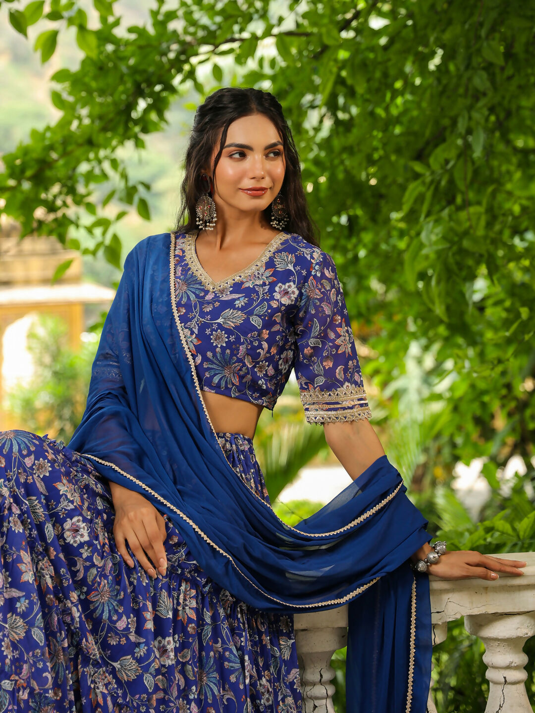 Janasya Blue Georgette Floral Lehenga Choli Dupatta | Swadesiicart