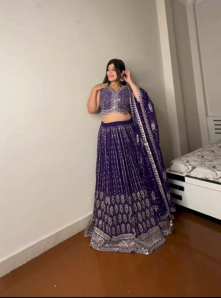 Jyoti Fashion Women's Royal Blue Faux Georgette Sequins with Thread Embroidered Designer Lehenga Choli Set | Swadesiicart