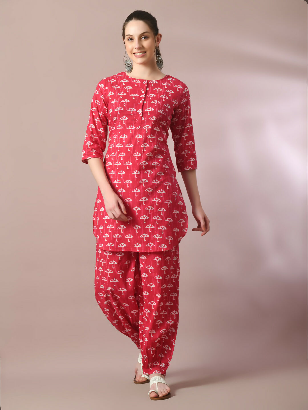 Myshka Women's Pink Printed Cotton Round Neck Party Tunic With Trousers Co-ord set - Swadesiicart