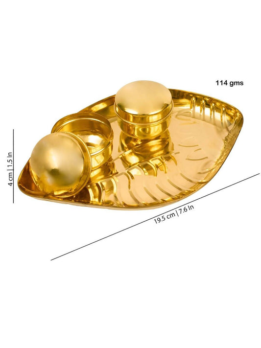 Spillbox Gold-toned Textured Brass Sangu Thali With 2 Pieces Bowl Pooja Essential | Swadesiicart