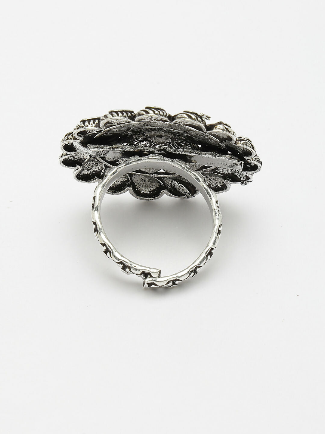 NVR Women's Silver-Toned Floral Shape Adjustable Finger Ring | Swadesiicart