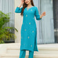 The52 Blue Women's Gorgeous Viscose Fabric Embroidered Work Straight Kurta, Pant and Dupatta Set - Swadesiicart