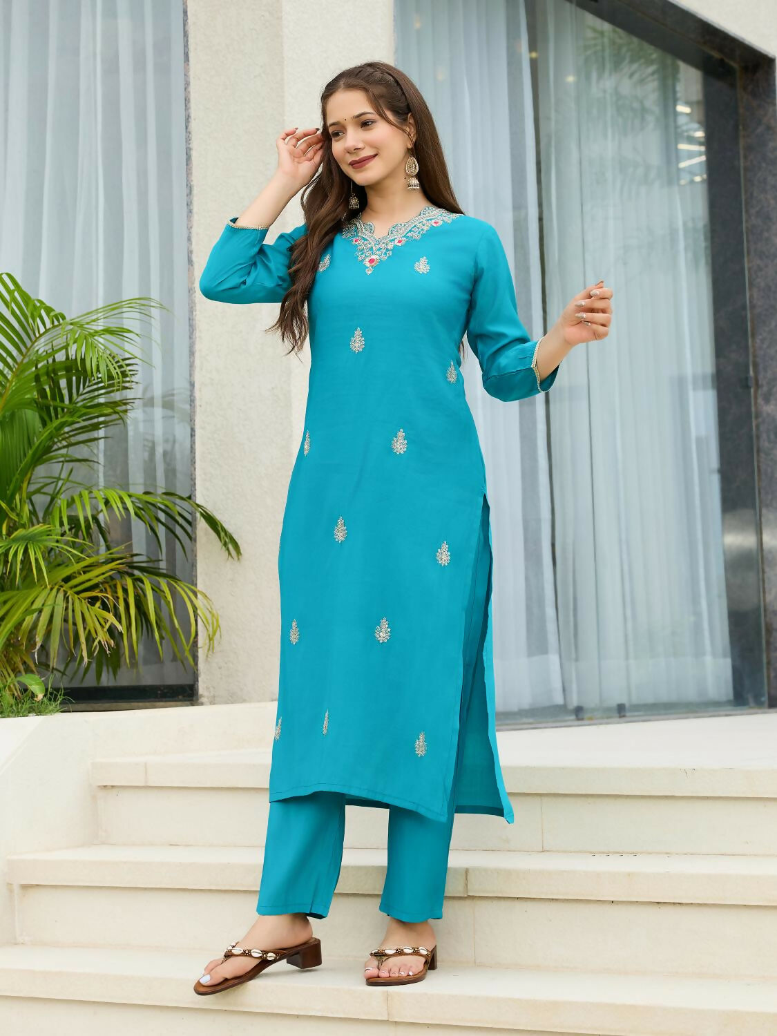 The52 Blue Women's Gorgeous Viscose Fabric Embroidered Work Straight Kurta, Pant and Dupatta Set - Swadesiicart