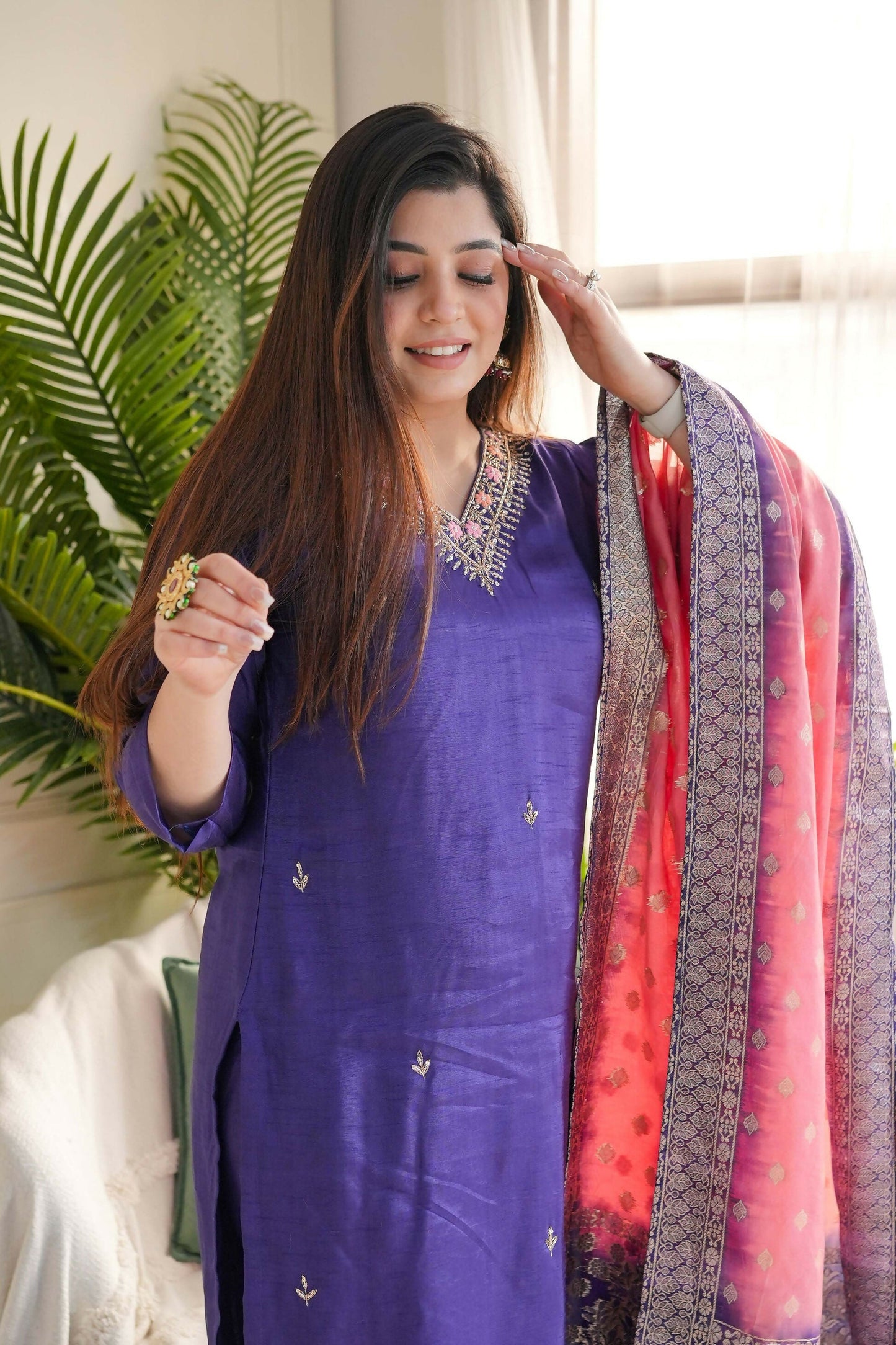 The52 Purple Women's Gorgeous Embroidered Vichitra Fabric Straight Kurta Pant with Dupatta Set - Swadesiicart