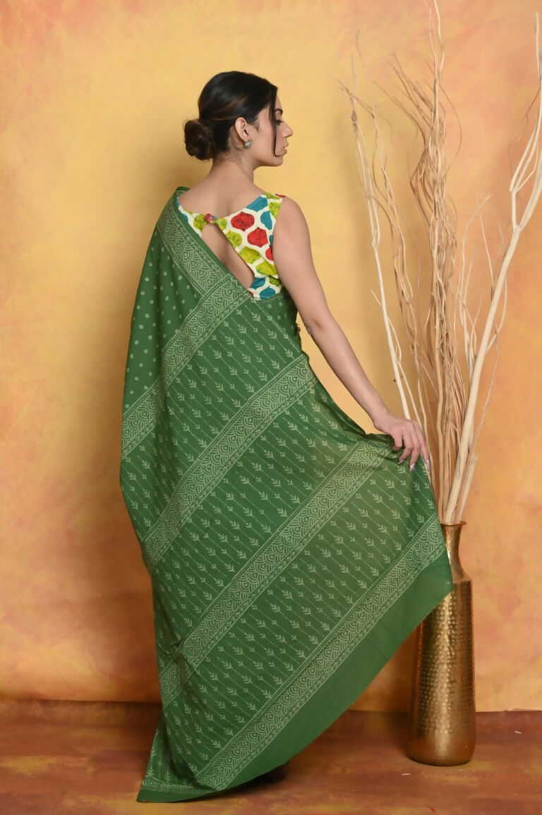 Very Much Indian Handblock Printed Cotton Saree With Natural Dyes - Green | Swadesiicart