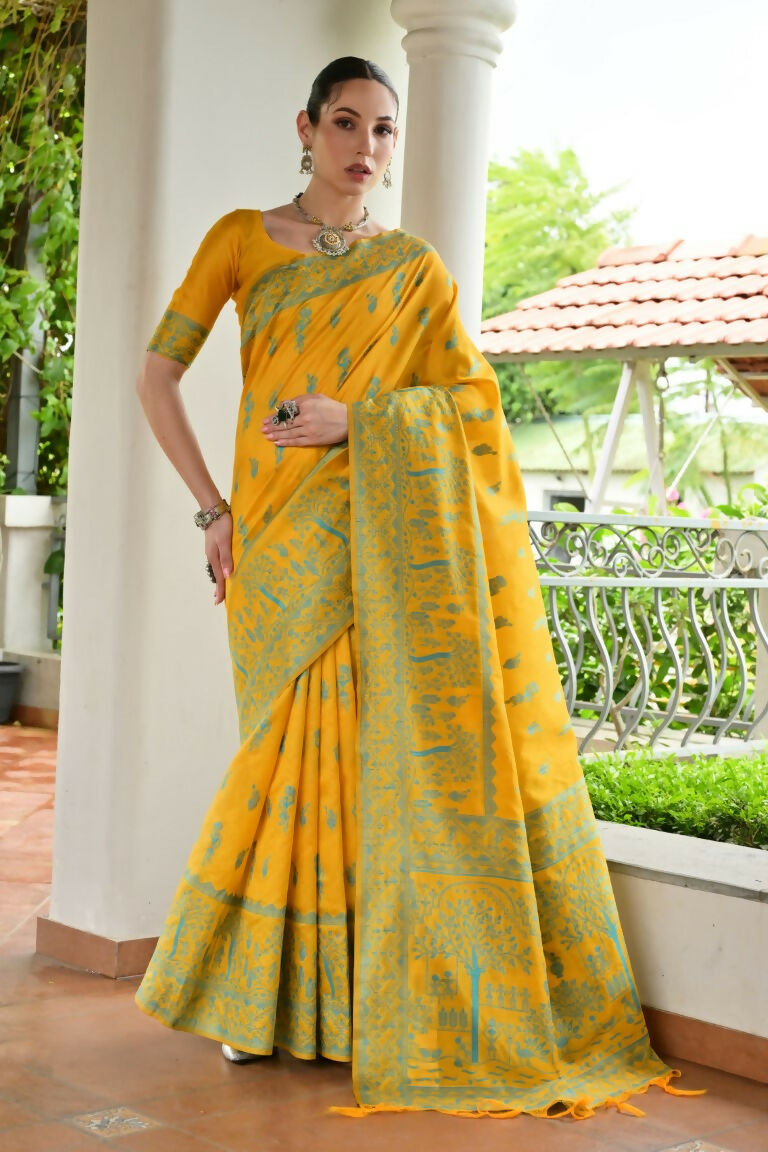 Vishnu Weaves Women's Yellow Handloom Raw Silk Thread Weaving Saree with Blouse - Swadesiicart