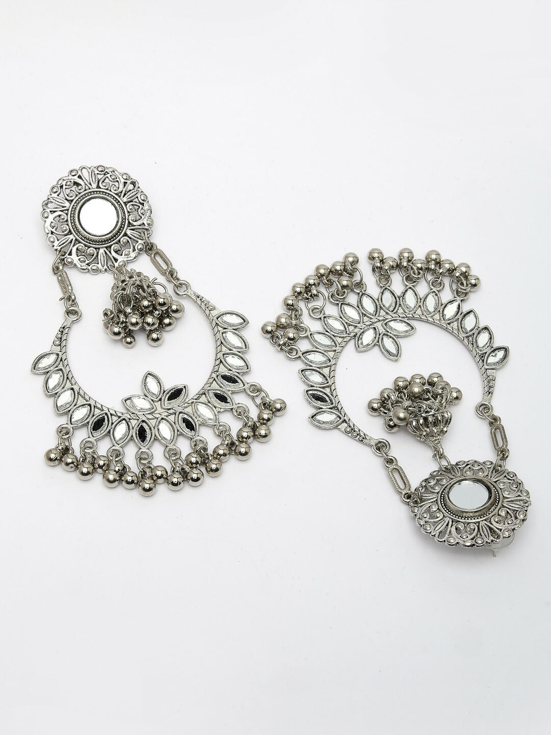 NVR Women's Silver-Plated Mirror Work Oxidised Chandbali Earrings | Swadesiicart