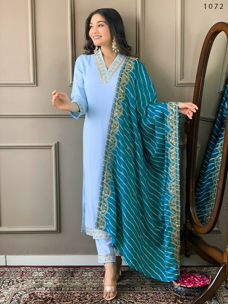 Partywear Designer Viscose Silk Blend Sky Stitched Suit With Dupatta - Tanisha | Swadesiicart
