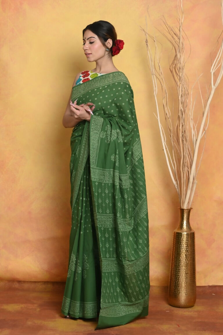 Very Much Indian Handblock Printed Cotton Saree With Natural Dyes - Green | Swadesiicart