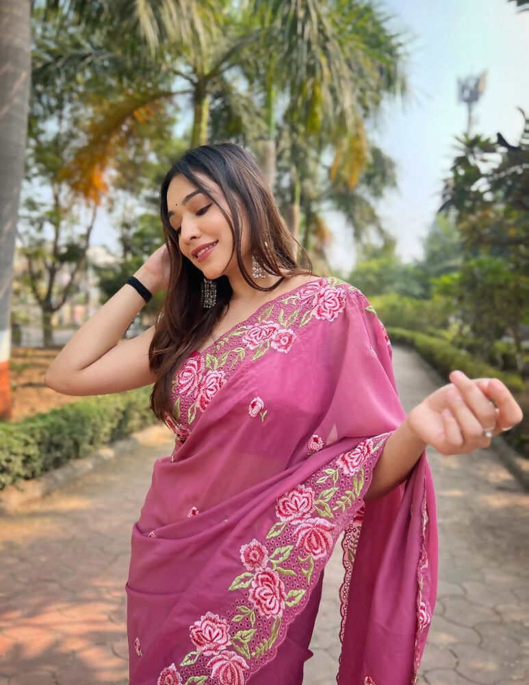 Vamsee Nimrat Pink Organza Silk Saree - Swadesiicart