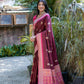 Vishnu Weaves Women's Maroon Tussar Silk Zari Woven Saree with Blouse - Swadesiicart