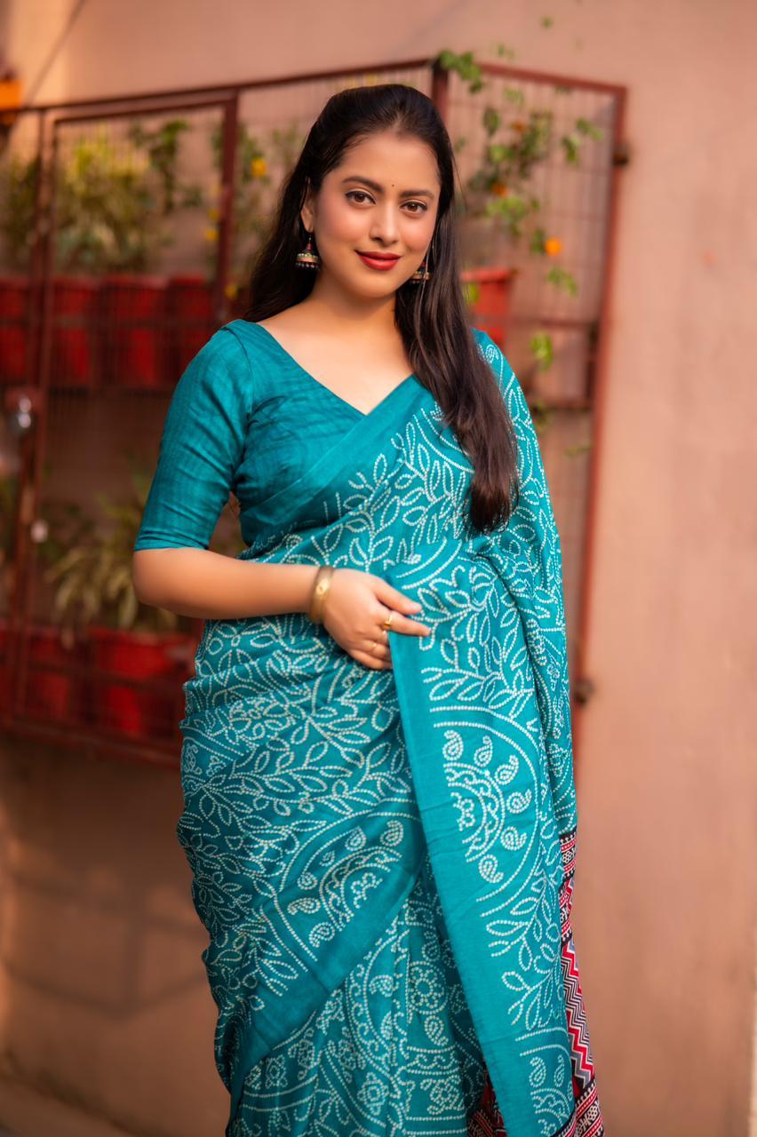 Rama Silk Blend Ajrak Saree with Unstitched Blouse - Hiral Fashion | Swadesiicart