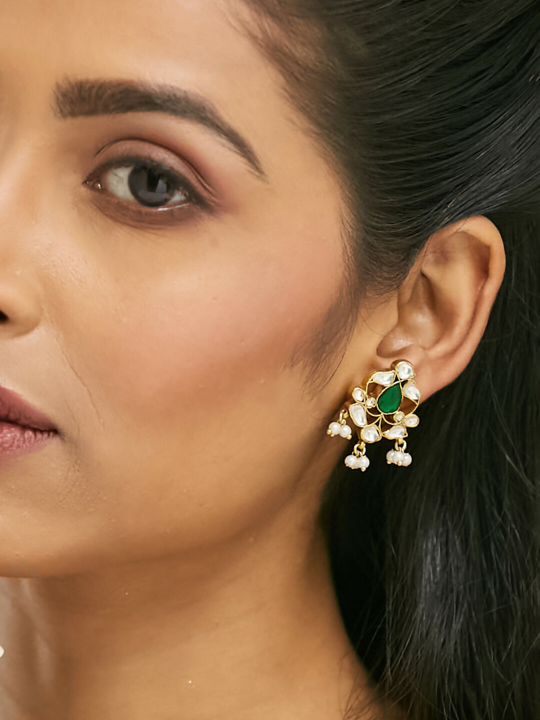 Nuyug 22K Gold-Plated Elegant Kundan & Green Stone Studded Pearl Drops Studs | Swadesiicart