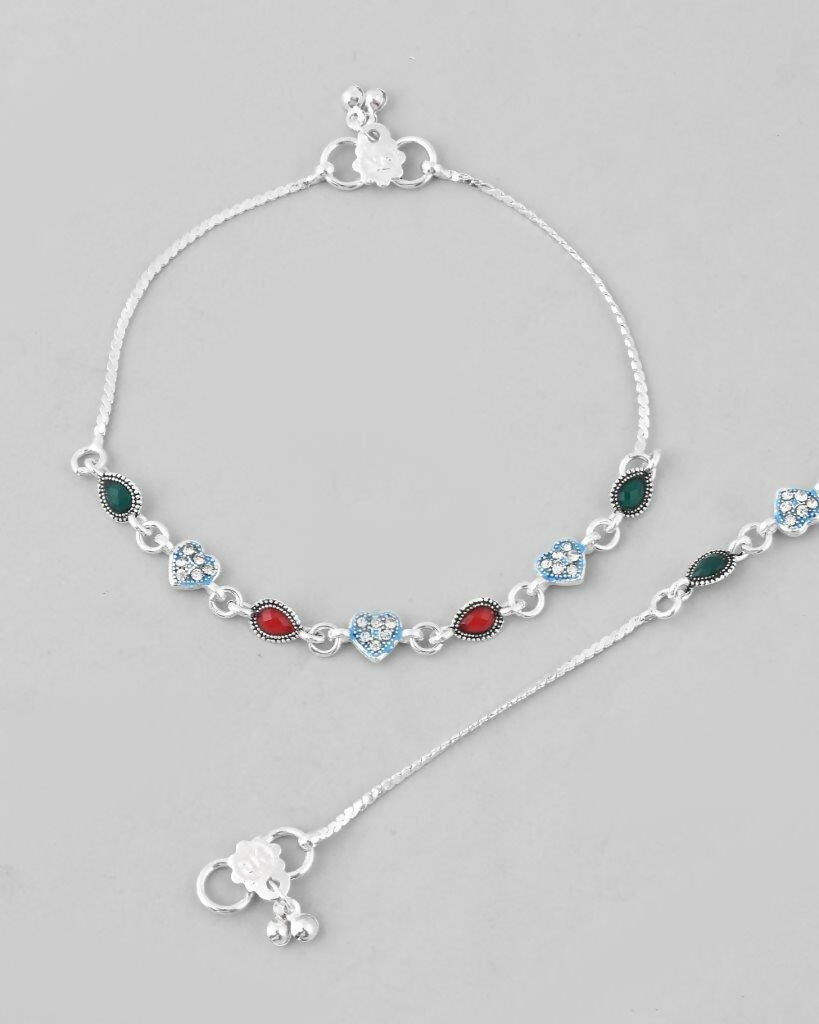 VOJ Set of 2 Silver Plated Heart Shaped Stone Studded Anklet - Swadesiicart