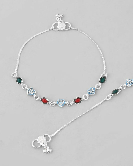 VOJ Set of 2 Silver Plated Heart Shaped Stone Studded Anklet - Swadesiicart