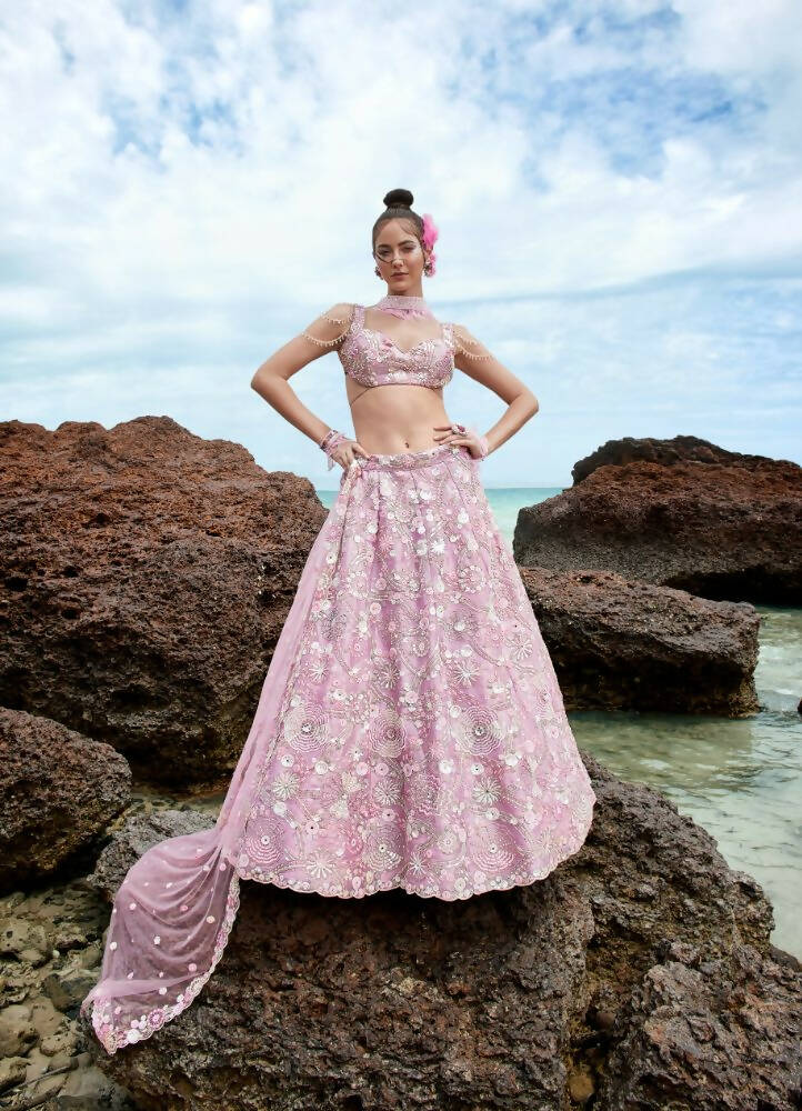 House of Panchhi Mauve Organza Sequins, Zarkan And Thread Embroidery Lehenga Choli & Dupatta | Swadesiicart